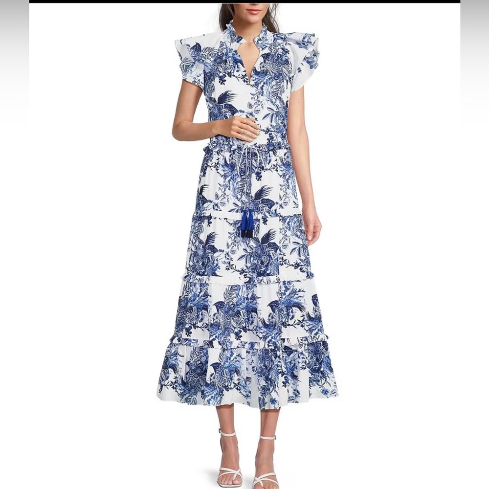 Gibson & Latimer Toile Floral Print Ruffle V-Neck Dress Medium
